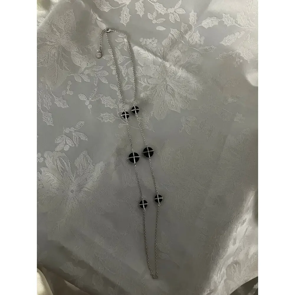 Dana Buchman Long Silver Tone Black Rhinestone Station Necklace 32 Inch